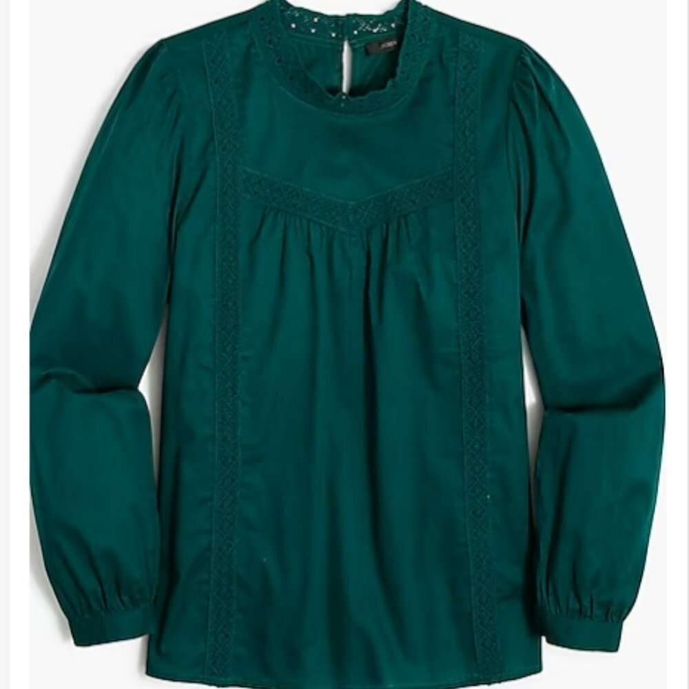 Jcrew Cotton-blend Academic Green with lace detail  Long Sleeve Size Large